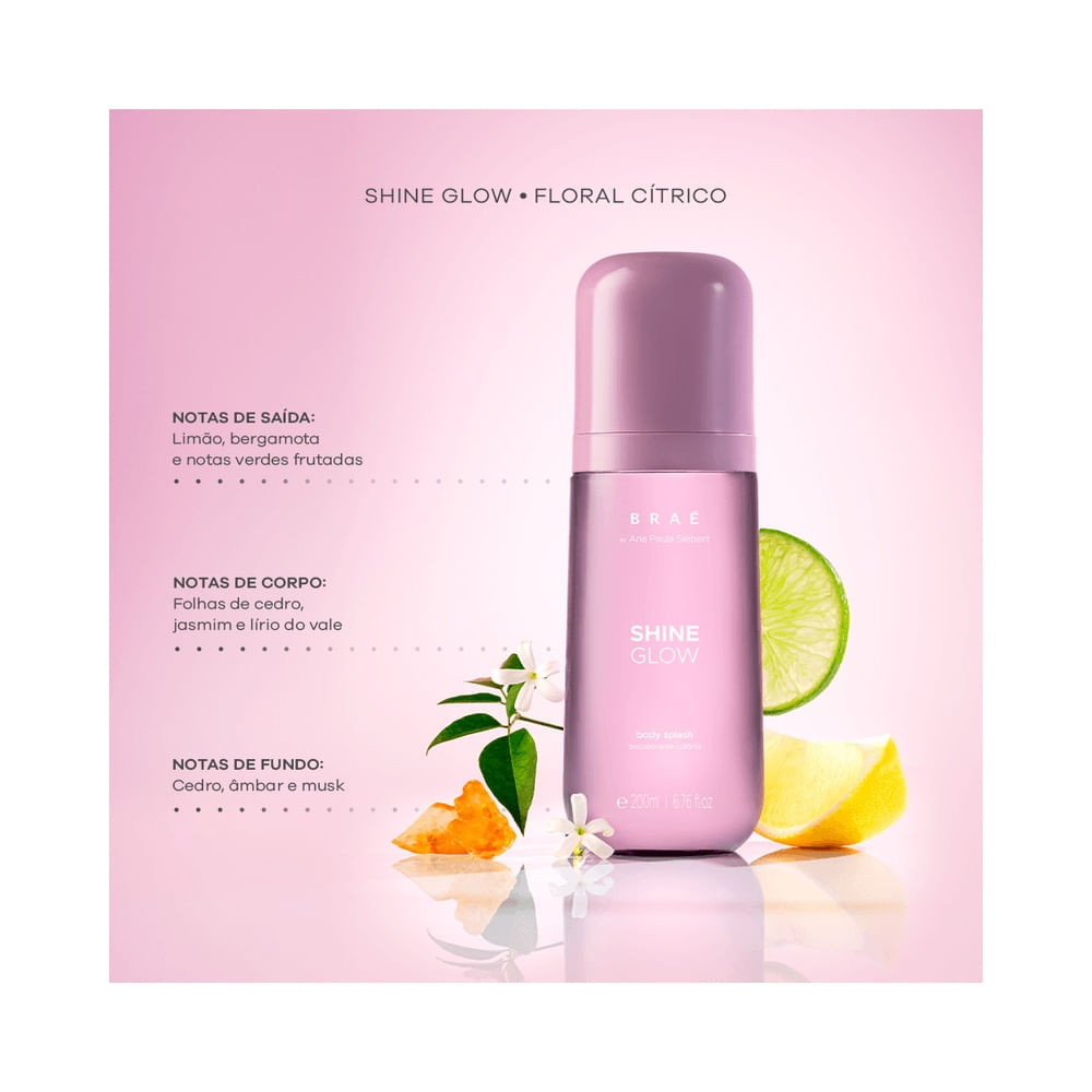 Frasco de Body Splash Braé Shine Glow em destaque sobre fundo branco